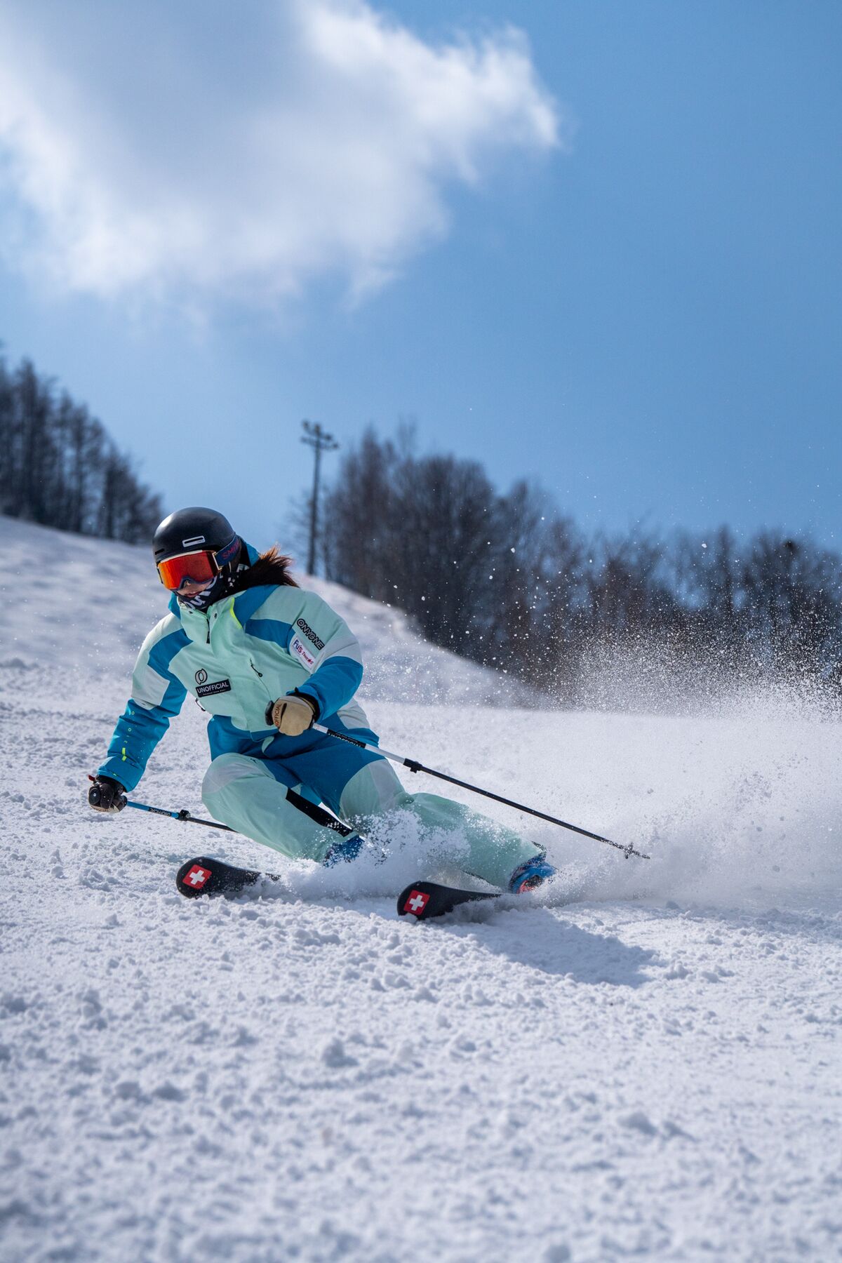 スキーヤーが雪煙を上げてターンする様子